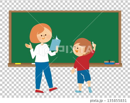 老師和學生站在黑板前的插圖 135855831