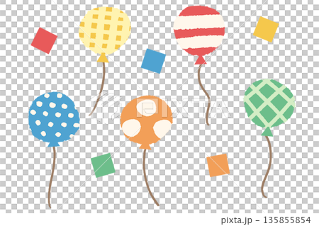 幼稚園・保育園向け やさしい挿絵イラストカットシリーズ｜色んな柄の風船セット（元気カラー） 135855854