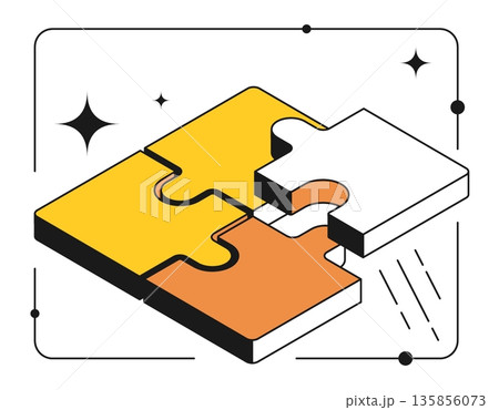 Isometric puzzle pieces put together. Contrast design with thin outline 3D vector isolated on white background 135856073