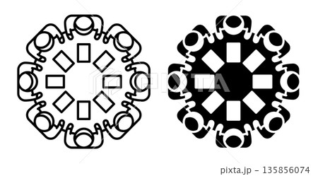 Linear icon. Company managers and employees are sitting at round table at meeting, view from above. Simple black and white vector 135856074