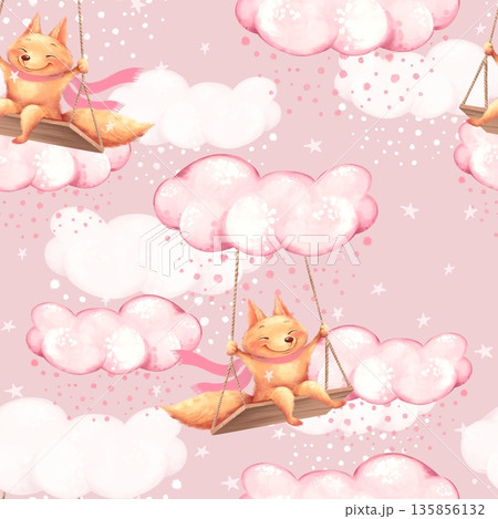 Hand drawn cute fox on swing seamless pattern with clouds and stars on pink background Hand drawn cute fox on swing seamless pattern with clouds and stars on pink background 135856132