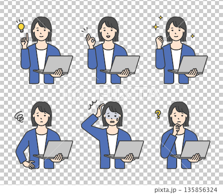 働く女性ビジネスパーソンとパソコンのシンプルイメージ イラスト素材 働く女性ビジネスパーソンとパソコンのシンプルイメージ イラスト素材 135856324