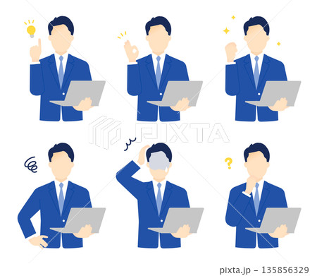 働く男性ビジネスパーソンとパソコンのシンプルイメージ イラスト素材 135856329