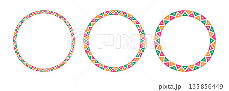 Mexican pattern circle frame set. African ethnic motif border. Aztec triangular ornament round frame. Mexican frame. African ethnic culture ornament. Vector illustration isolated on white background 135856449