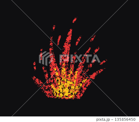Doodle fire in crayon style. Hand drawn flame with grunge texture. Graphic element for fun collage, sticker. Crayon doodle red and yellow fire. Vector pencil illustration isolated on black background Doodle fire in crayon style. Hand drawn flame with grunge texture. Graphic element for fun collage, sticker. Crayon doodle red and yellow fire. Vector pencil illustration isolated on black background 135856450