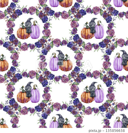 A watercolor seamless pattern featuring mystical ravens perched on pumpkins, framed by lush purple and blue rose wreaths. Elegant gothic harvest aesthetic for seasonal decor and floral design 135856638
