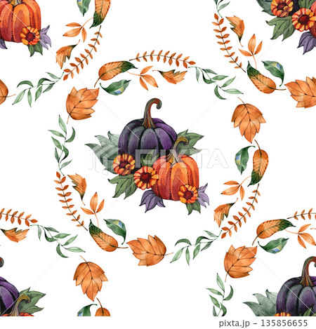 Seamless watercolor pattern featuring mystical pumpkins nestled within circular wreaths of orange and green autumn leaves. The repetitive design highlights vibrant harvest themes with dark purple Seamless watercolor pattern featuring mystical pumpkins nestled within circular wreaths of orange and green autumn leaves. The repetitive design highlights vibrant harvest themes with dark purple 135856655