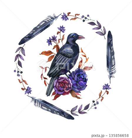Watercolor mystical illustration of a black crow perched on dark purple flowers within a circular wreath. The magical frame features black feathers, botanical leaves, and small berries. 135856658