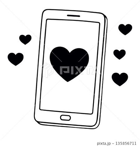 Smartphone with heart icon and floating hearts, symbolizing love and digital connection Smartphone with heart icon and floating hearts, symbolizing love and digital connection 135856711