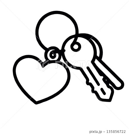 Heart keychain, two metal keys, love symbol, simple black outline, white background Heart keychain, two metal keys, love symbol, simple black outline, white background 135856722