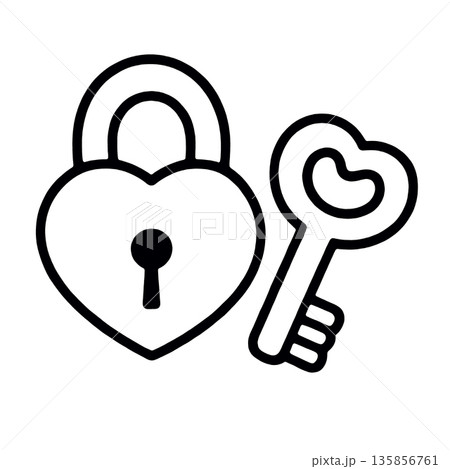 Heart lock key love symbol, romantic outline icon, black and white illustration Heart lock key love symbol, romantic outline icon, black and white illustration 135856761