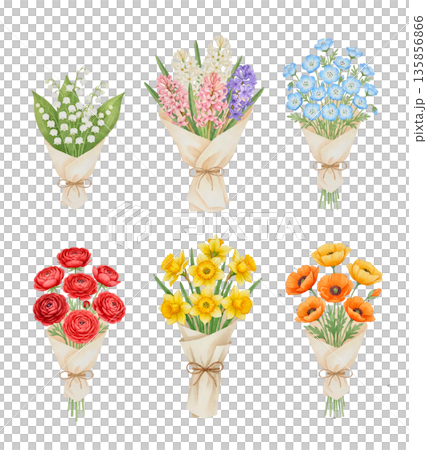 各種春季花卉的花束插圖 135856866