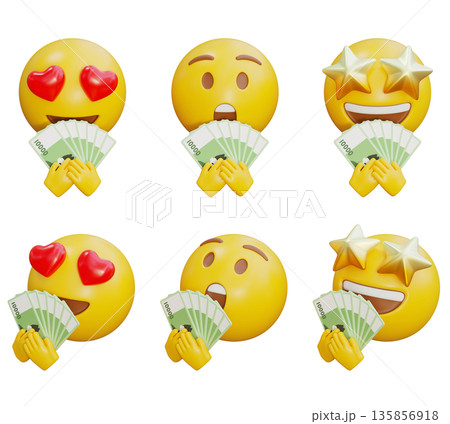 3D rendering of hands holding Emoji Korean 10000 won banknote 135856918