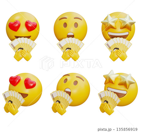 3D rendering of hands holding Emoji Korean 50000 won banknote 135856919