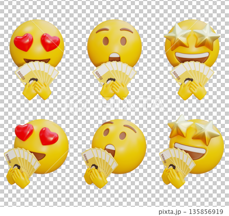 3D rendering of hands holding Emoji Korean 50000 won banknote 135856919