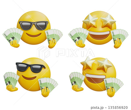 3D rendering of Emoji hands full of Korean 10000 won bills 3D rendering of Emoji hands full of Korean 10000 won bills 135856920