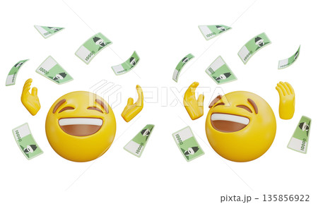 3D rendering of happy emoji with flying Korean 10000 won bills 135856922