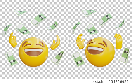 3D rendering of happy emoji with flying Korean 10000 won bills 135856922