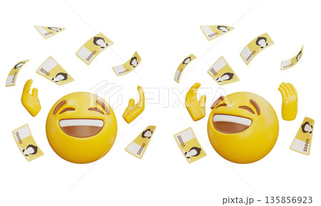 3D rendering of happy emoji with flying Korean 50000 won bills 135856923