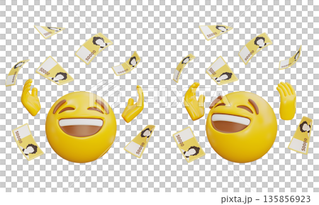 3D rendering of happy emoji with flying Korean 50000 won bills 135856923