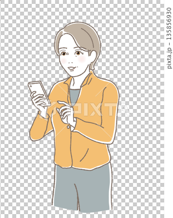 微笑的中老年婦女正在用智慧型手機查看訊息，老年人的數位化利用，生活規劃，向量 135856930