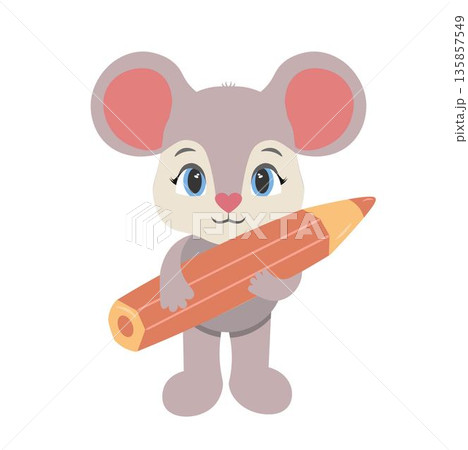 A cute little mouse with eyes, ears, and a large pencil in its paws. The character is ready for school. Color illustration in pastel tones, flat style. A cute little mouse with eyes, ears, and a large pencil in its paws. The character is ready for school. Color illustration in pastel tones, flat style. 135857549