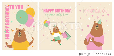 A set of cute greeting cards in pastel colors. Colored vector illustration with bears. The card features a teddy bear wishing you a happy birthday. A set of cute greeting cards in pastel colors. Colored vector illustration with bears. The card features a teddy bear wishing you a happy birthday. 135857553