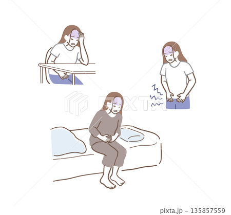 腹痛で苦しむ女性のイラストセット 135857559