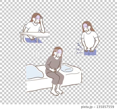 一組描繪一位女性腹痛的插圖 135857559