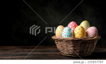 Colorful Easter Eggs in a Woven Basket Against a Dark Background for Spring Celebration 135857797