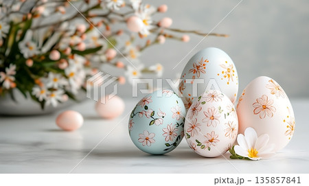 Decorative Easter Eggs with Floral Designs on Marble Surface and Spring Flowers in Background 135857841