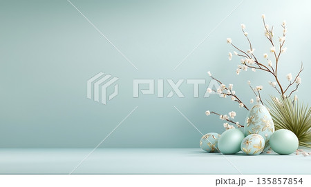 Decorative Easter Eggs with Blossoming Branches on Soft Blue Background for Spring Holidays 135857854