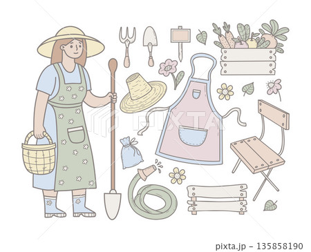 Gardening Set. Woman Farmer and Tools. Isolated Pastel Hand Drawn Doodle. Collection with Harvest and Garden Accessories. Vector illustration. Not AI 135858190