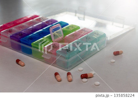 pill set box on table for daily medication 135858224