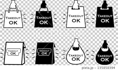 テイクアウトOKの案内シンプルアイコンイラストセット テイクアウトOKの案内シンプルアイコンイラストセット 135858394