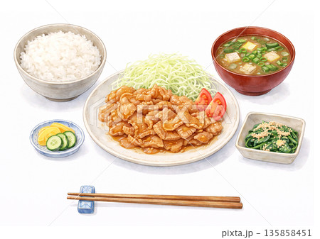 日本の和食　生姜焼き定食 135858451