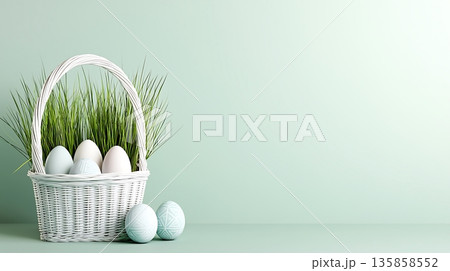 Elegant Easter Basket with Pastel Eggs and Grass on Soft Green Background 135858552