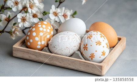 Colorful Decorated Eggs in Wooden Tray Surrounded by Blossom Flowers on Soft Background 135858558