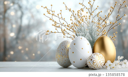 Elegant Easter Decor with Golden Eggs and Delicate Floral Arrangements on Soft Background 135858578