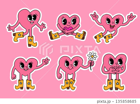 Groovy Pink Heart Sticker Set With Cute Characters Groovy Pink Heart Sticker Set With Cute Characters 135858685