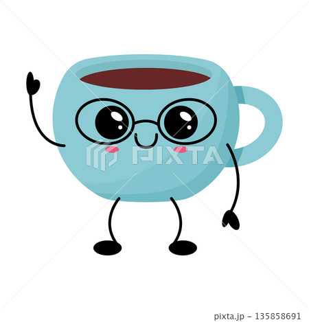 Cute Coffee Cup Character With Glasses Blue Mug Vector 135858691