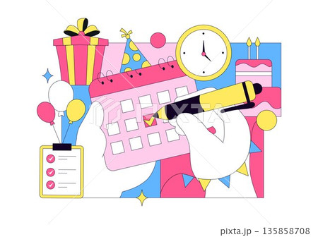 Event Planner Vector Illustration Featuring Party Decorations, Scheduling, Time Management, Business Agenda, And Calendar In Flat Style Background Event Planner Vector Illustration Featuring Party Decorations, Scheduling, Time Management, Business Agenda, And Calendar In Flat Style Background 135858708