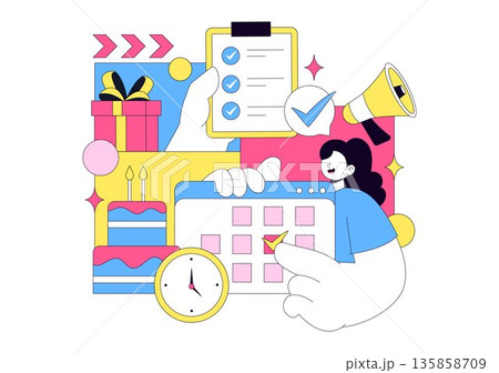 Event Planner Vector Illustration Featuring Party Decorations, Scheduling, Time Management, Business Agenda, And Calendar In Flat Style Background Event Planner Vector Illustration Featuring Party Decorations, Scheduling, Time Management, Business Agenda, And Calendar In Flat Style Background 135858709