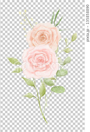 Watercolour bouquet with pink roses and eucalyptus leaves isolated on white background, flowers Watercolour bouquet with pink roses and eucalyptus leaves isolated on white background, flowers 135858890