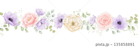Seamless watercolour border with peony and anemone flowers. Endless floral vintage pattern isolated on white for wedding design Seamless watercolour border with peony and anemone flowers. Endless floral vintage pattern isolated on white for wedding design 135858891