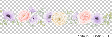 Seamless watercolour border with peony and anemone flowers. Endless floral vintage pattern isolated on white for wedding design Seamless watercolour border with peony and anemone flowers. Endless floral vintage pattern isolated on white for wedding design 135858891