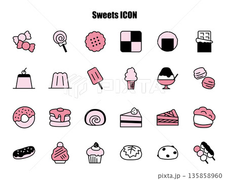 シンプルでかわいいスイーツのイラストセット、ピンク 135858960