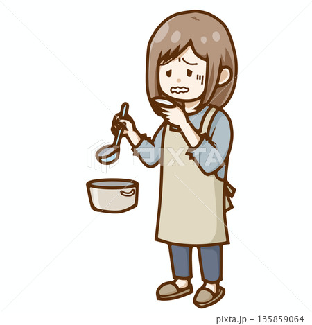 料理の味見で困った表情をする女性｜まずい・失敗・自炊イメージ 135859064