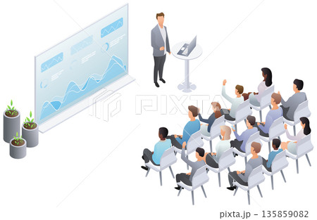 Isometric business presentation scene with speaker showing financial data charts to audience in seminar room. Vector illustration. 135859082