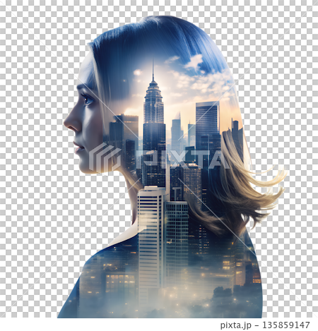 Girl with city skyline in double exposure, blending portrait and urban landscape at sunset 135859147